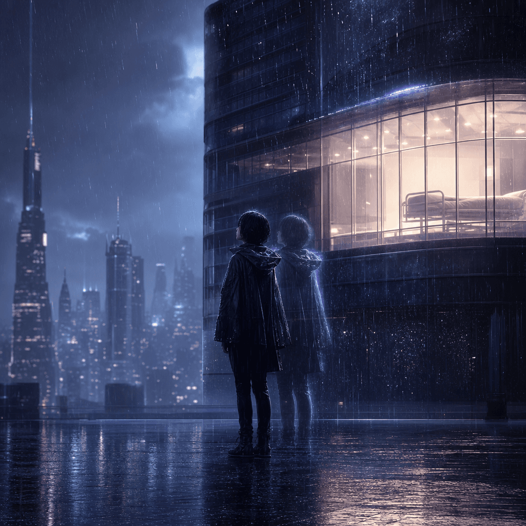 雨の降る近未来都市の夜、一秒遅れて知覚される世界に佇む人物と、わずかにずれたその残像。Epoch SF短編小説『世界は一秒、遅れて優しい』の挿絵。